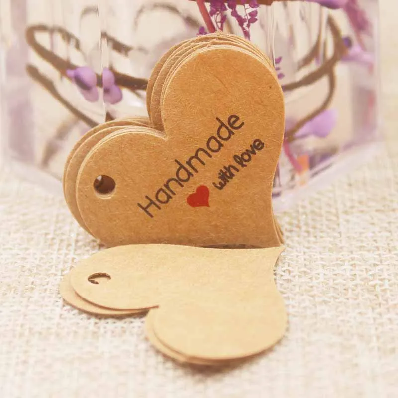 200pcs New Design Kraft/White Handmade Tag, Paper vintage Red Heart Handmade Gift Tag Products Swing Handmade with Love Hang Tag
