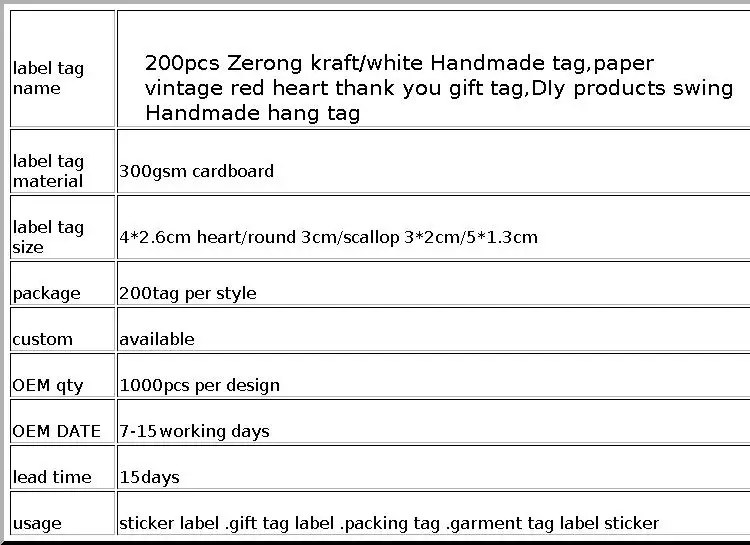 200pcs New Design Kraft/White Handmade Tag, Paper vintage Red Heart Handmade Gift Tag Products Swing Handmade with Love Hang Tag