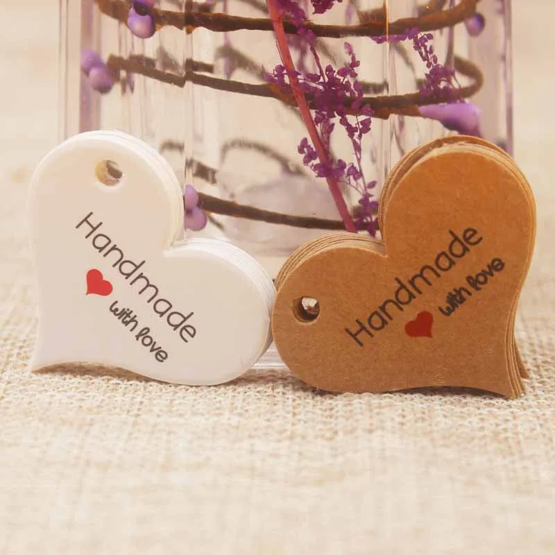 200pcs New Design Kraft/White Handmade Tag, Paper vintage Red Heart Handmade Gift Tag Products Swing Handmade with Love Hang Tag