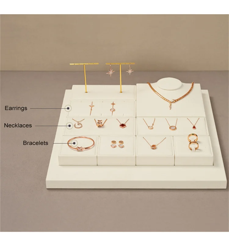 WoodTen Beige Jewelry Display Stand Microfiber Retail Jewelry Stand for Earring Necklace Watch Ring Counter Jewelry Display Prop