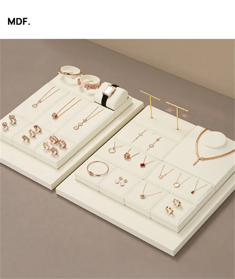 WoodTen Beige Jewelry Display Stand Microfiber Retail Jewelry Stand for Earring Necklace Watch Ring Counter Jewelry Display Prop