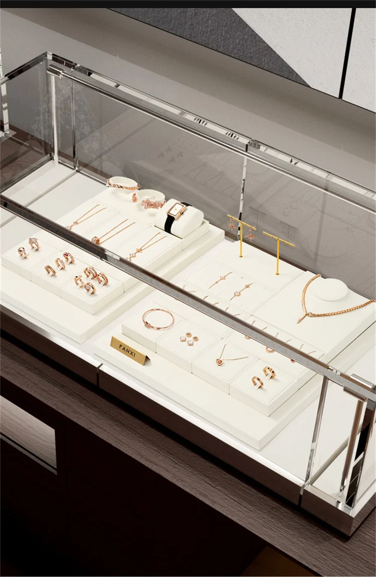 WoodTen Beige Jewelry Display Stand Microfiber Retail Jewelry Stand for Earring Necklace Watch Ring Counter Jewelry Display Prop