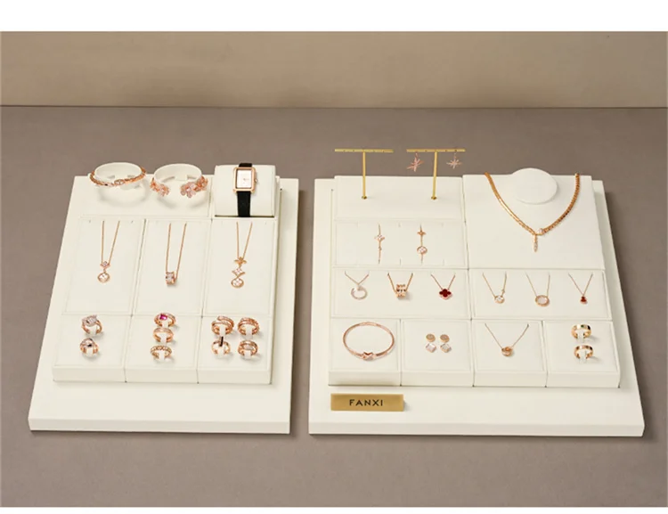 WoodTen Beige Jewelry Display Stand Microfiber Retail Jewelry Stand for Earring Necklace Watch Ring Counter Jewelry Display Prop