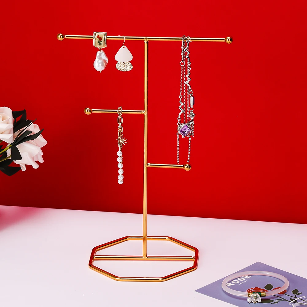Metal Gold T-shaped Earrings Ring Necklace Watch Jewelry Shelf Jewelry Stand Counter Pendant Jewelry Organizer Display Stand
