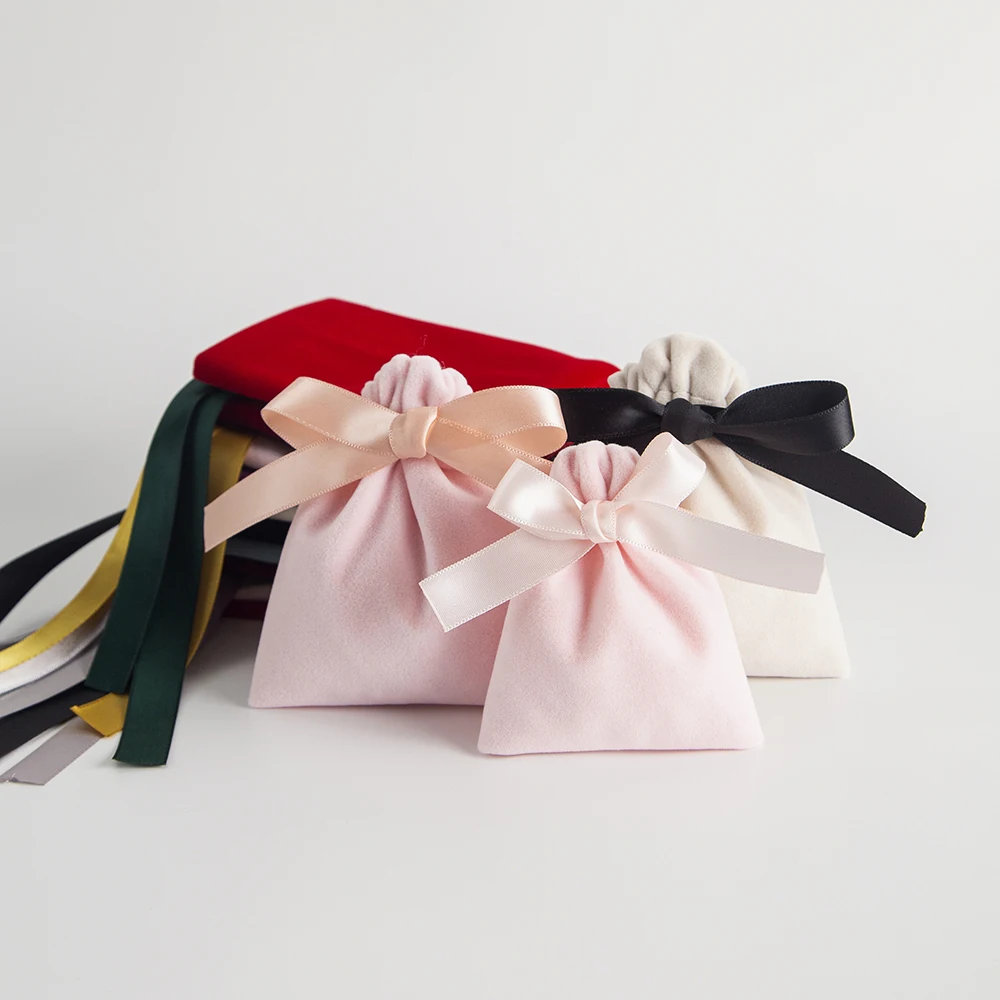 5pcs Bulk Pink 7x9cm Jewelry Velvet Ribbon Bags For Wedding Travel Candy Drawstring Dust Pouches Gift Display Packing Storage