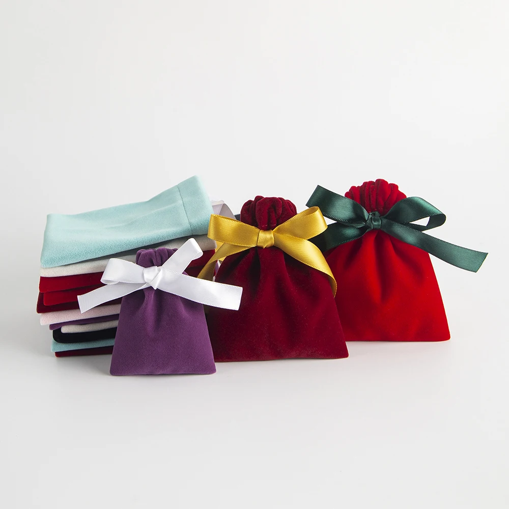 5pcs Bulk Pink 7x9cm Jewelry Velvet Ribbon Bags For Wedding Travel Candy Drawstring Dust Pouches Gift Display Packing Storage