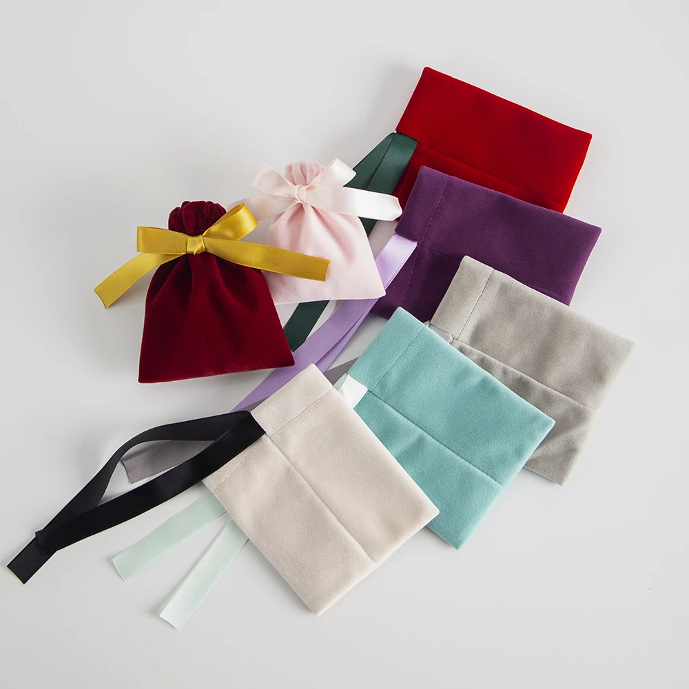 5pcs Bulk Pink 7x9cm Jewelry Velvet Ribbon Bags For Wedding Travel Candy Drawstring Dust Pouches Gift Display Packing Storage