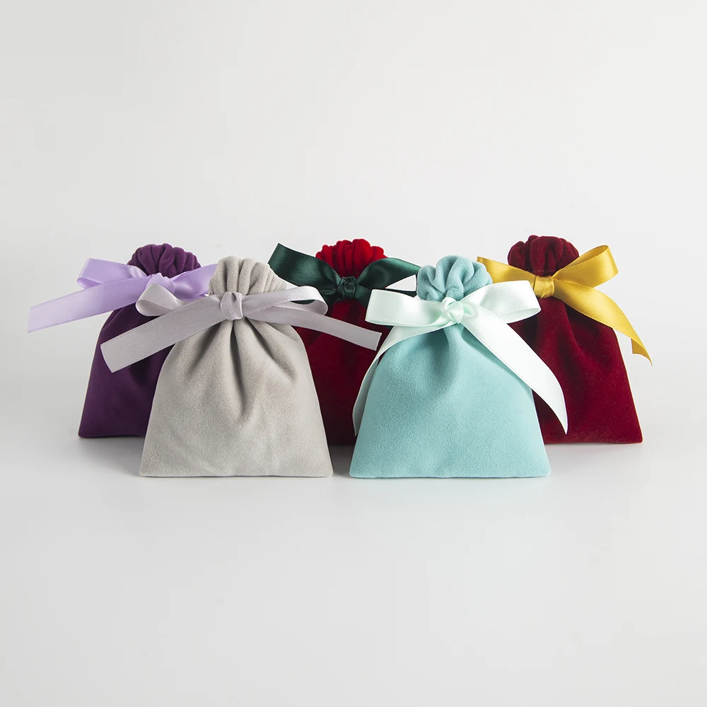 5pcs Bulk Pink 7x9cm Jewelry Velvet Ribbon Bags For Wedding Travel Candy Drawstring Dust Pouches Gift Display Packing Storage
