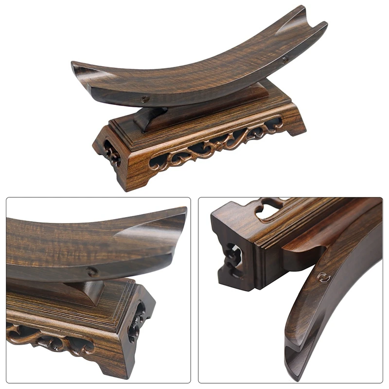 Sandalwood Carved Ivory Bracket Ox Horn Tray Wood Sword Display Katana Stand Holder Crescent Collectible Exhibition Wooden Stand