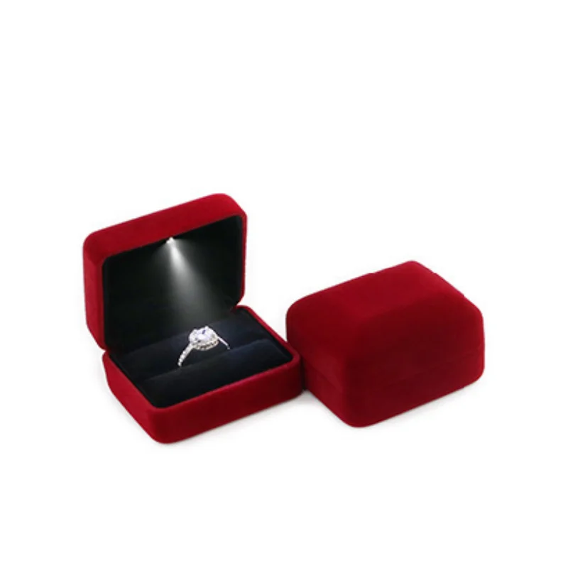 Luxury Wine Red Velvet LED Jewellery Box Wedding Ring Pendant Earring Jewelry Display Packaging Cases Support Custom Logo