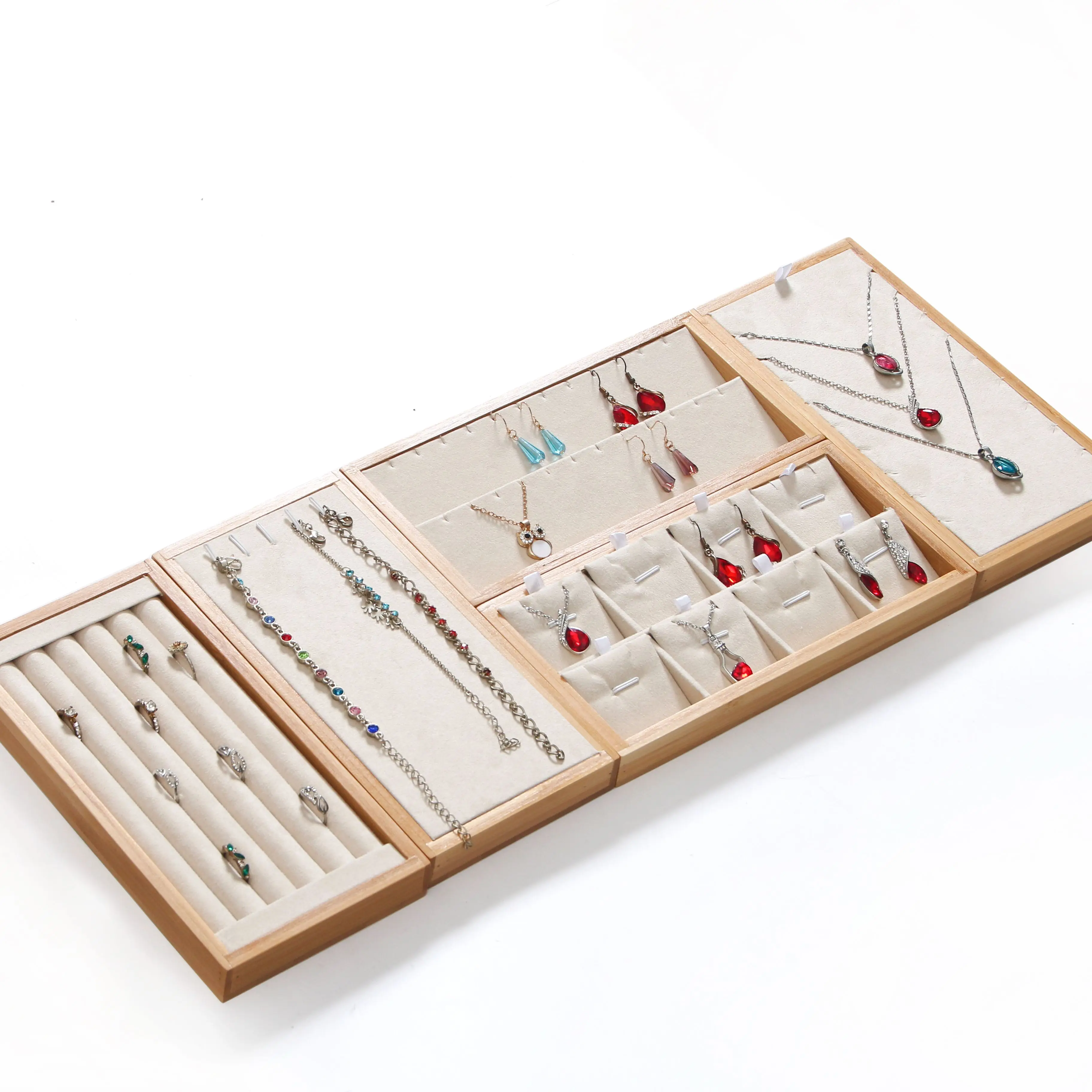 Organizer Jewelry Storage Bamboo Velvet Set Jewelry Display Tray Ring Box Earrings Necklaces Bracelets Pendants Display
