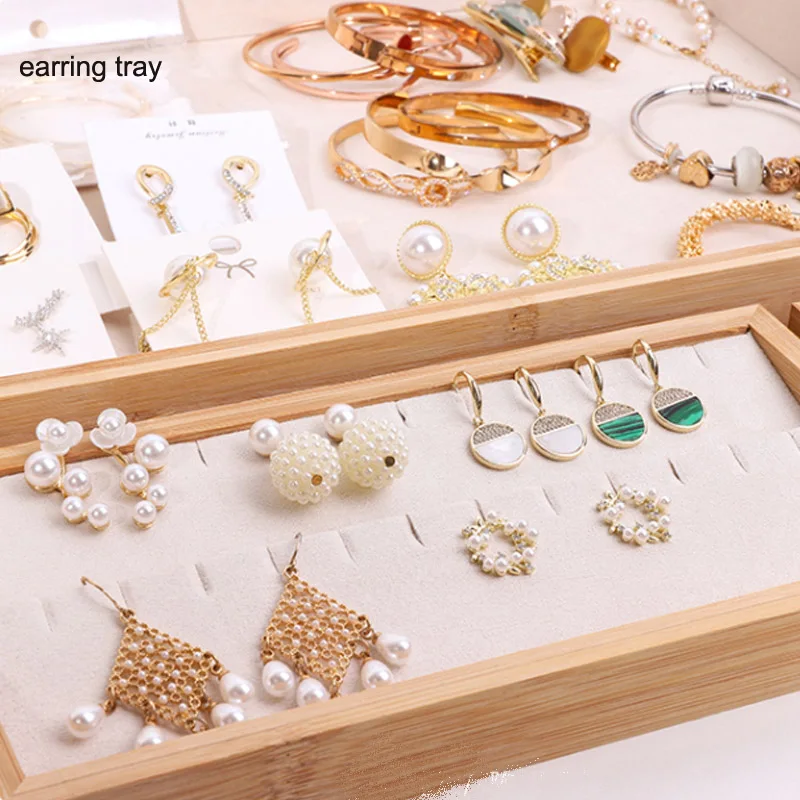 Organizer Jewelry Storage Bamboo Velvet Set Jewelry Display Tray Ring Box Earrings Necklaces Bracelets Pendants Display