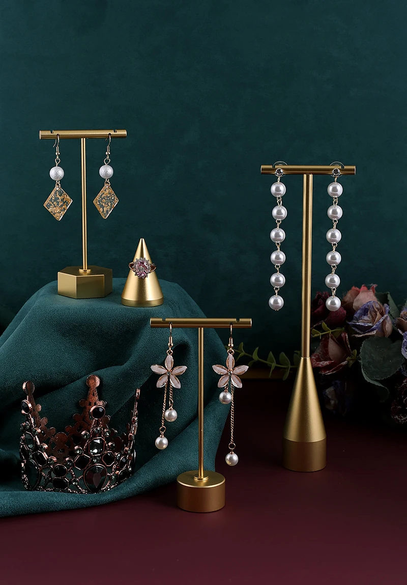 Gold Metal Hand Ring Holder Finger Jewelry Tower Earring T Bar Shelf Hanging Display Stand Ear Studs Storage Organizer Hole Rack