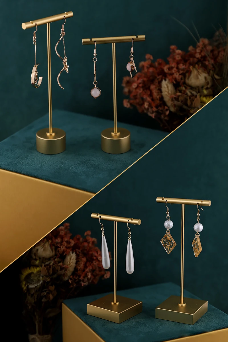 Gold Metal Hand Ring Holder Finger Jewelry Tower Earring T Bar Shelf Hanging Display Stand Ear Studs Storage Organizer Hole Rack