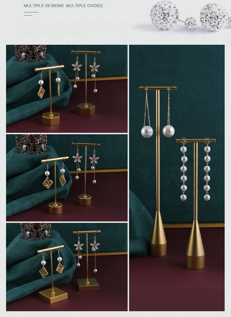 Gold Metal Hand Ring Holder Finger Jewelry Tower Earring T Bar Shelf Hanging Display Stand Ear Studs Storage Organizer Hole Rack