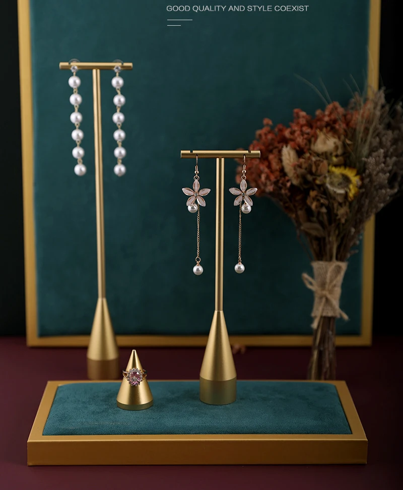 Gold Metal Hand Ring Holder Finger Jewelry Tower Earring T Bar Shelf Hanging Display Stand Ear Studs Storage Organizer Hole Rack