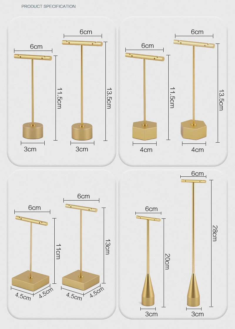 Gold Metal Hand Ring Holder Finger Jewelry Tower Earring T Bar Shelf Hanging Display Stand Ear Studs Storage Organizer Hole Rack