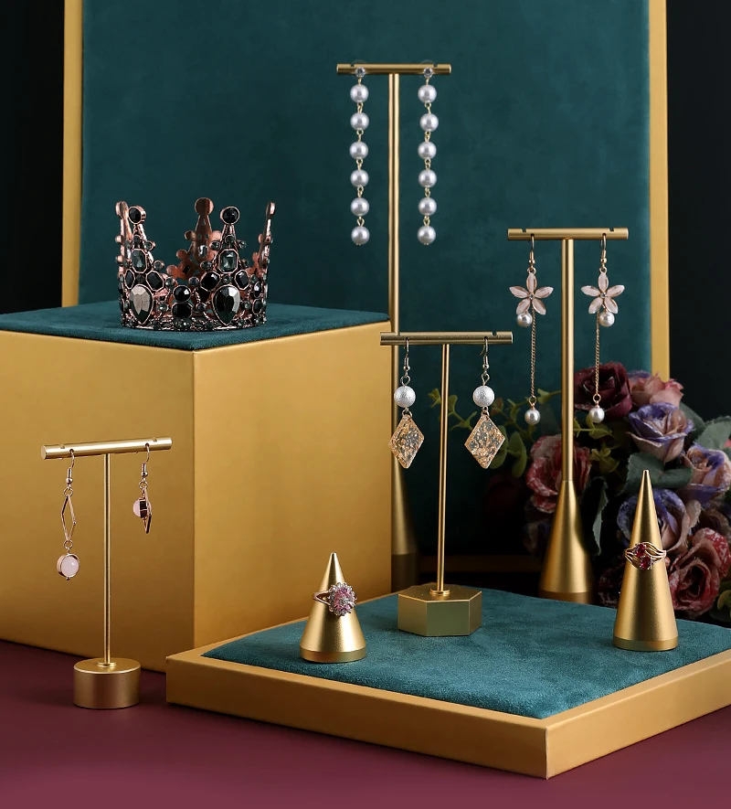 Gold Metal Hand Ring Holder Finger Jewelry Tower Earring T Bar Shelf Hanging Display Stand Ear Studs Storage Organizer Hole Rack