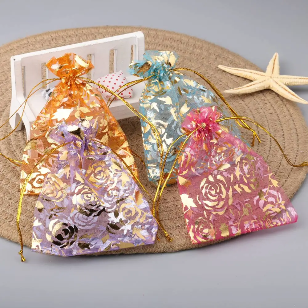 50pcs/lot Jewelry Bag Organza Gift Bag Hot Gold Color Rose Print Gifts Pouches Wedding Christmas Party Candy Jewelry Packing