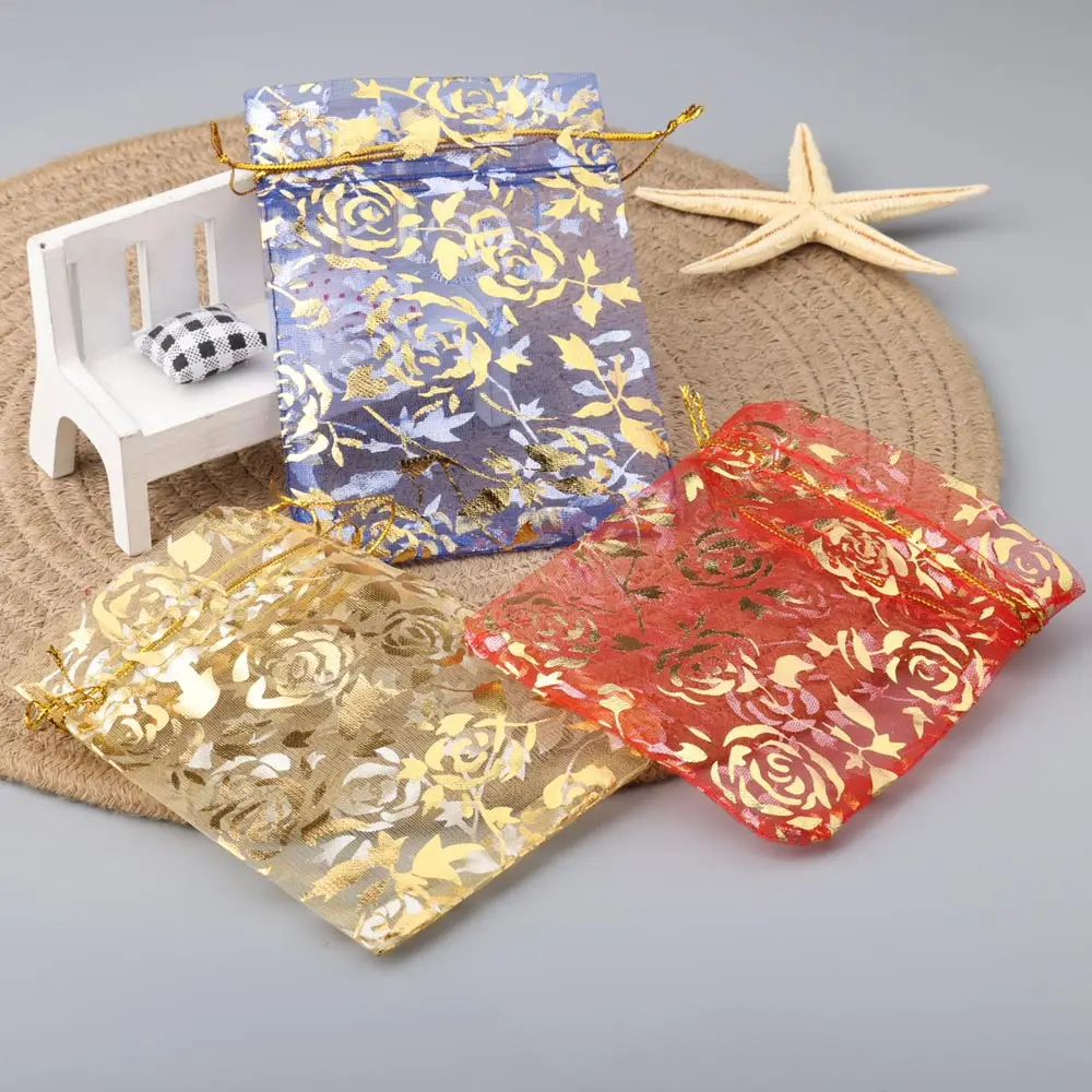 50pcs/lot Jewelry Bag Organza Gift Bag Hot Gold Color Rose Print Gifts Pouches Wedding Christmas Party Candy Jewelry Packing