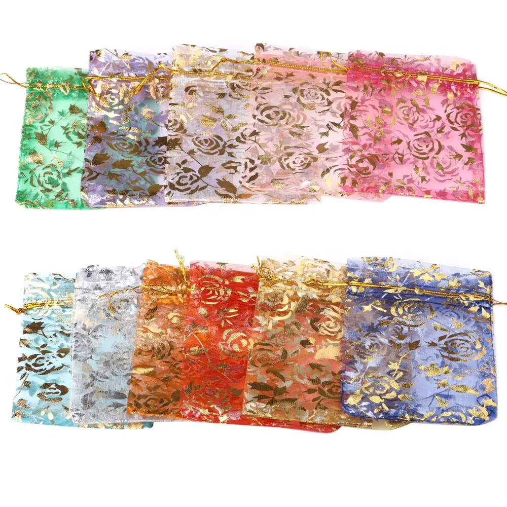 50pcs/lot Jewelry Bag Organza Gift Bag Hot Gold Color Rose Print Gifts Pouches Wedding Christmas Party Candy Jewelry Packing
