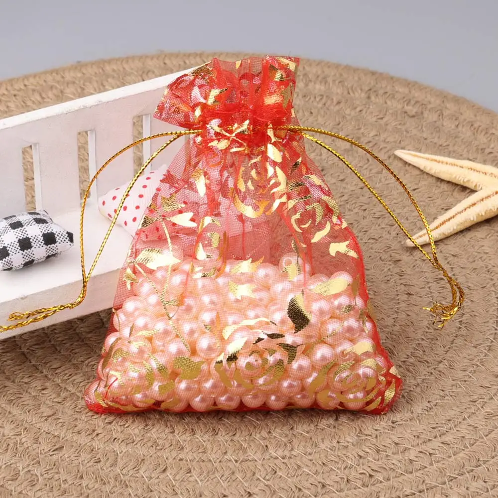 50pcs/lot Jewelry Bag Organza Gift Bag Hot Gold Color Rose Print Gifts Pouches Wedding Christmas Party Candy Jewelry Packing