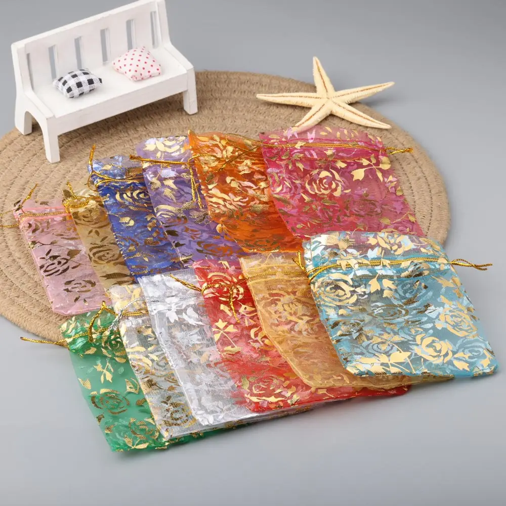 50pcs/lot Jewelry Bag Organza Gift Bag Hot Gold Color Rose Print Gifts Pouches Wedding Christmas Party Candy Jewelry Packing