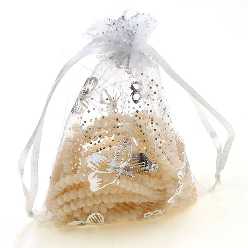 100pcs Silver Color Butterfly Organza Bag Wedding Party Candy Pouches Jewelry Packaging Drawstring Bags Accessories Storage Bag