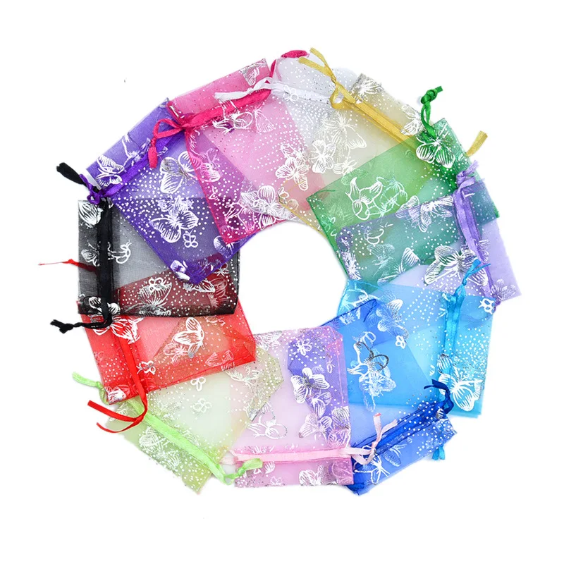 100pcs Silver Color Butterfly Organza Bag Wedding Party Candy Pouches Jewelry Packaging Drawstring Bags Accessories Storage Bag