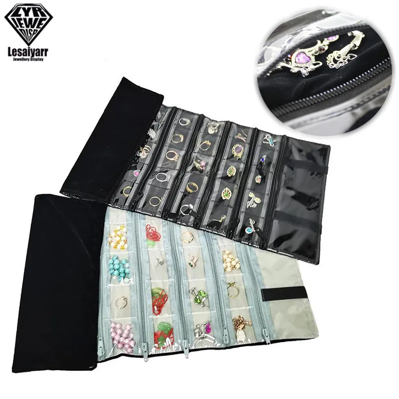 Foldable Black Velvet Zipper Jewelry Roll Bag for Jewellery Ring Earrings Organizer Storage Bag Portable Necklace Display Cases
