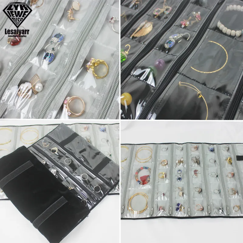 Foldable Black Velvet Zipper Jewelry Roll Bag for Jewellery Ring Earrings Organizer Storage Bag Portable Necklace Display Cases