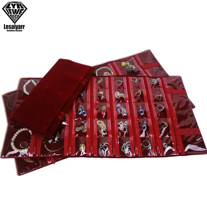 Foldable Black Velvet Zipper Jewelry Roll Bag for Jewellery Ring Earrings Organizer Storage Bag Portable Necklace Display Cases