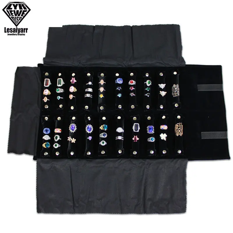 Foldable Black Velvet Zipper Jewelry Roll Bag for Jewellery Ring Earrings Organizer Storage Bag Portable Necklace Display Cases