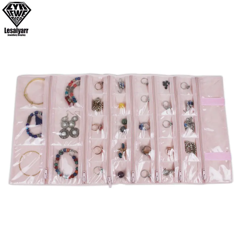 Foldable Black Velvet Zipper Jewelry Roll Bag for Jewellery Ring Earrings Organizer Storage Bag Portable Necklace Display Cases