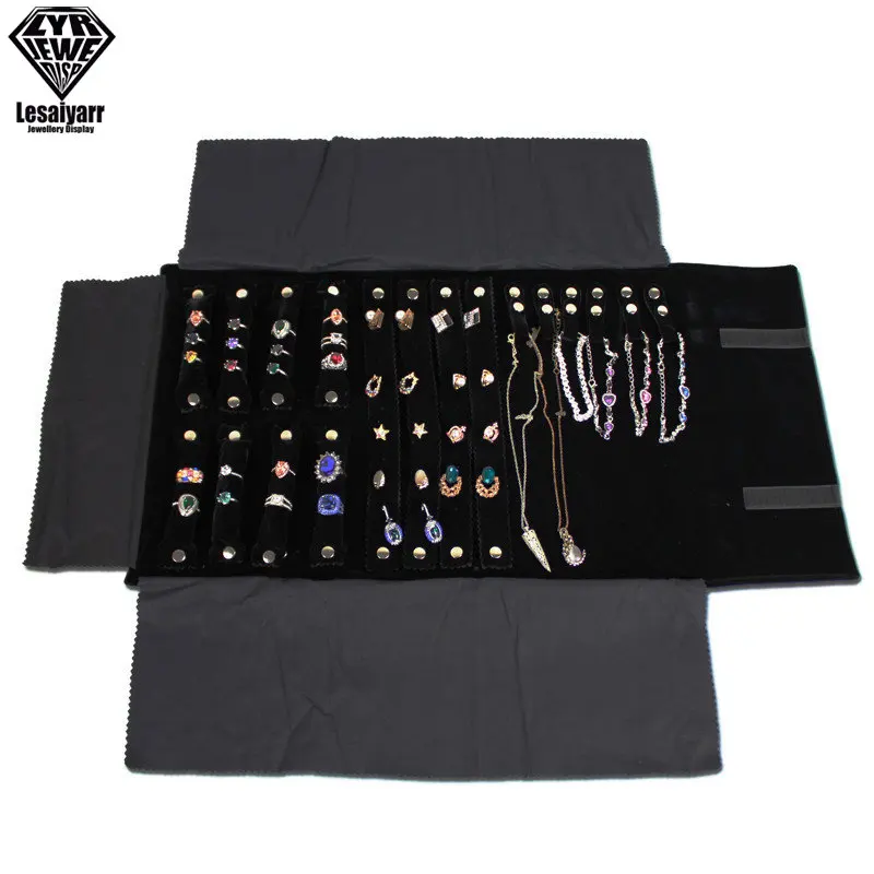 Foldable Black Velvet Zipper Jewelry Roll Bag for Jewellery Ring Earrings Organizer Storage Bag Portable Necklace Display Cases