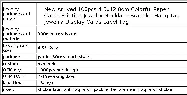 New Arrived 50pcs 4.5x12.0cm Colorful Paper Cards Printing Jewelry Necklace Bracelet Hang Tag Jewelry Display Cards Label Tag