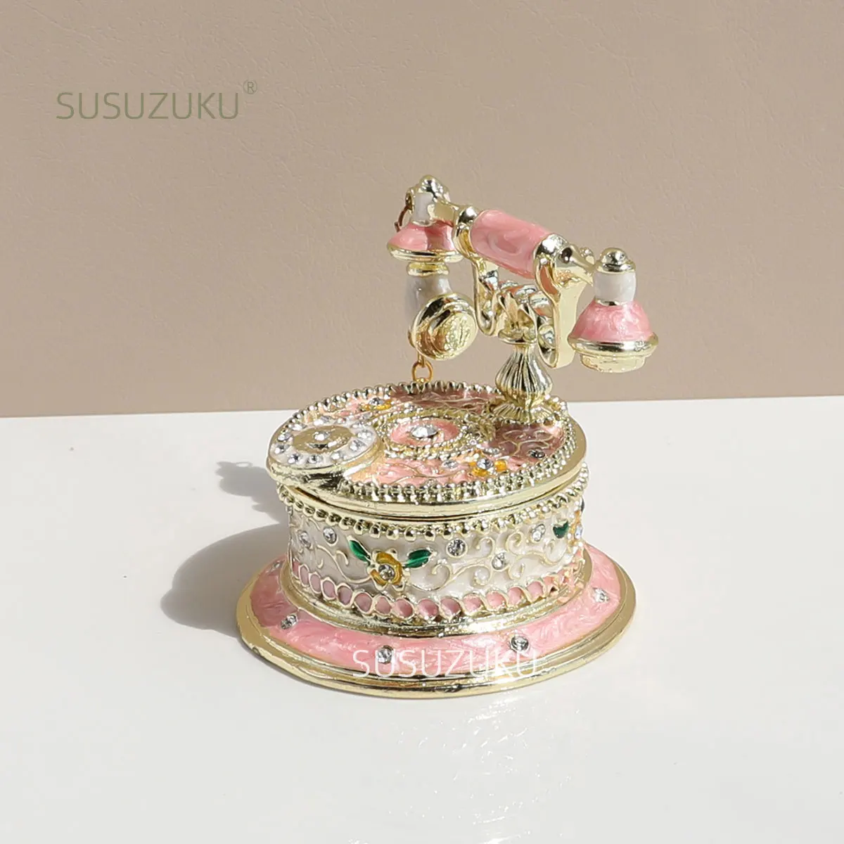 Vintage Style Telephone Shape Jewelry Trinket Box with Rich Enamel and Sparkling Rhinestones Unique Gift for Home Decor