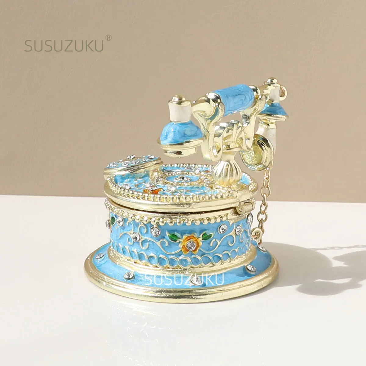 Vintage Style Telephone Shape Jewelry Trinket Box with Rich Enamel and Sparkling Rhinestones Unique Gift for Home Decor