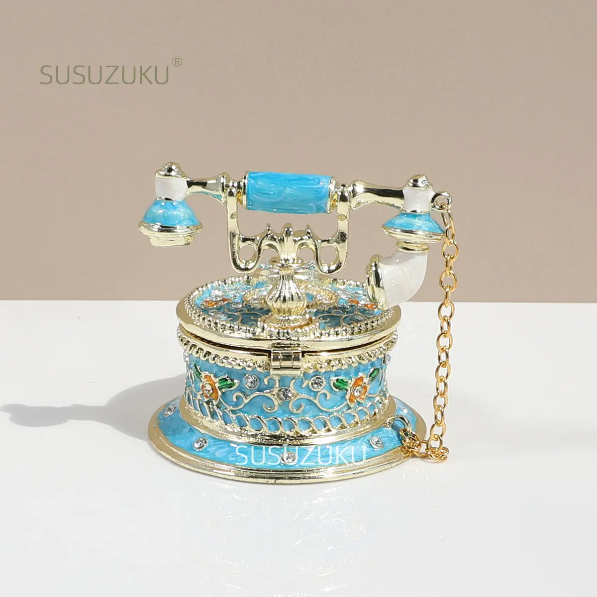 Vintage Style Telephone Shape Jewelry Trinket Box with Rich Enamel and Sparkling Rhinestones Unique Gift for Home Decor