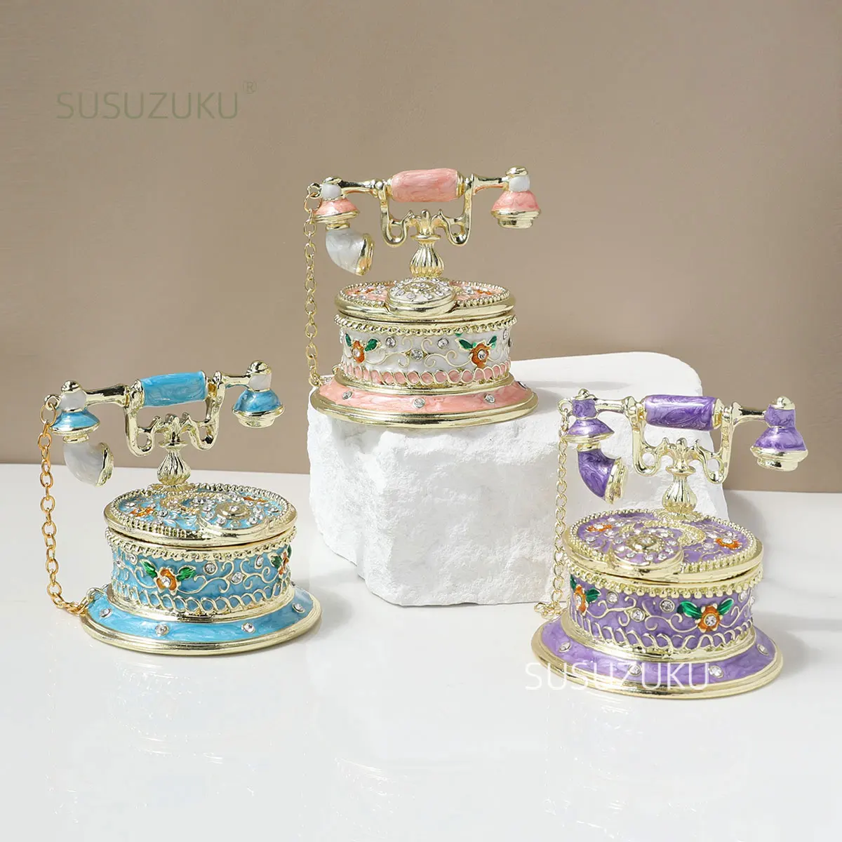 Vintage Style Telephone Shape Jewelry Trinket Box with Rich Enamel and Sparkling Rhinestones Unique Gift for Home Decor
