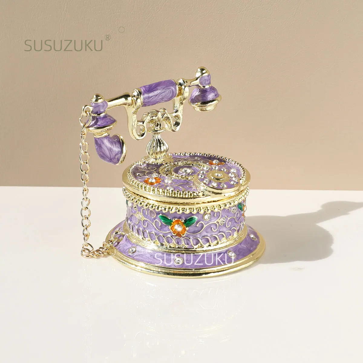 Vintage Style Telephone Shape Jewelry Trinket Box with Rich Enamel and Sparkling Rhinestones Unique Gift for Home Decor