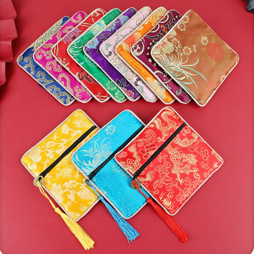 Classic Jewelry Bag Embroidery Tassel Earrings Ring Buddha Beads Bracelet Pendant Storage Zipper Pouch Portable Cloth Lucky Bags