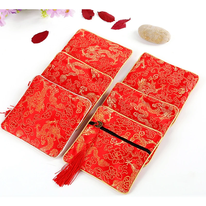 Classic Jewelry Bag Embroidery Tassel Earrings Ring Buddha Beads Bracelet Pendant Storage Zipper Pouch Portable Cloth Lucky Bags