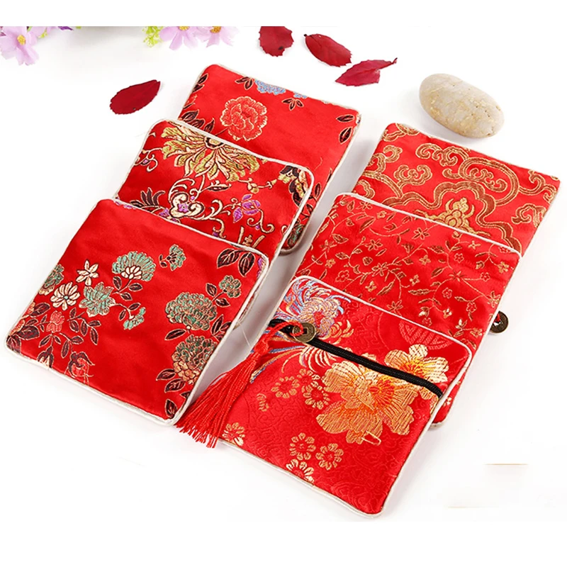 Classic Jewelry Bag Embroidery Tassel Earrings Ring Buddha Beads Bracelet Pendant Storage Zipper Pouch Portable Cloth Lucky Bags