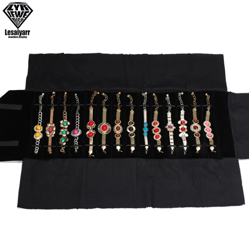 Portable Travel Jewelry Roll Bag Black Velvet Pendant Necklace Bracelet Storage Case Watch Bangle Ring Earring Organizer