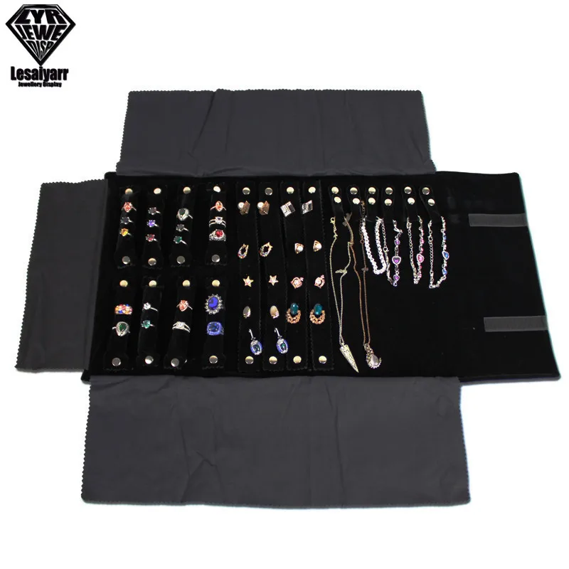 Portable Travel Jewelry Roll Bag Black Velvet Pendant Necklace Bracelet Storage Case Watch Bangle Ring Earring Organizer