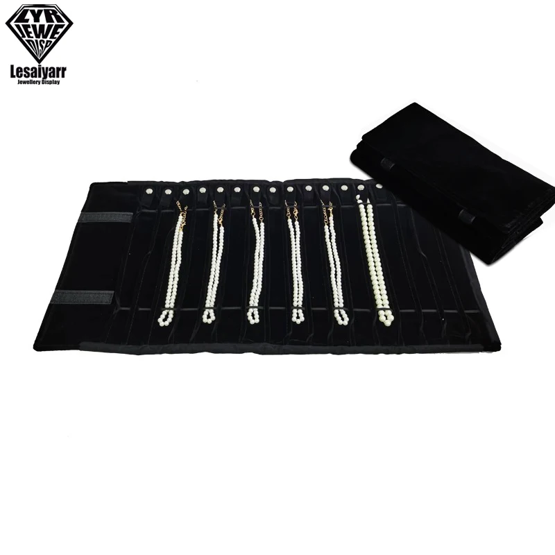 Portable Travel Jewelry Roll Bag Black Velvet Pendant Necklace Bracelet Storage Case Watch Bangle Ring Earring Organizer