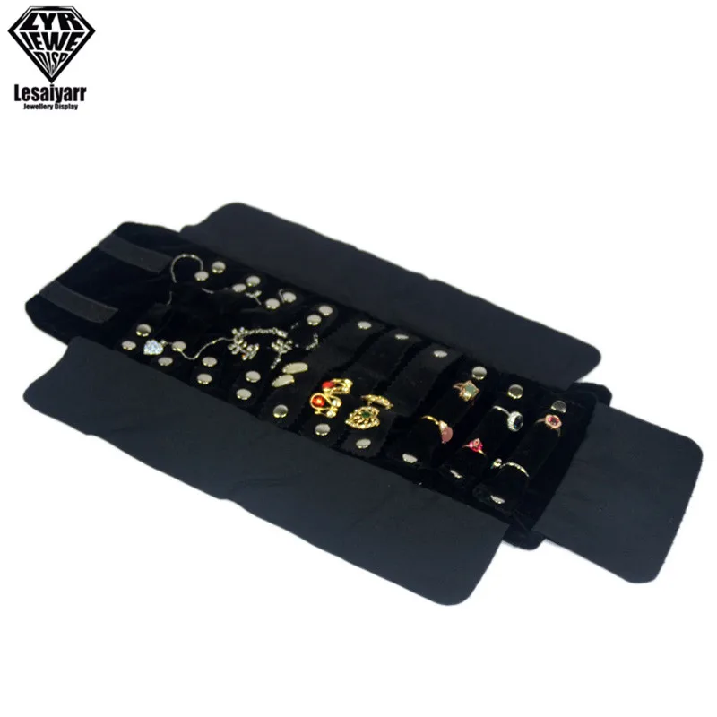 Portable Travel Jewelry Roll Bag Black Velvet Pendant Necklace Bracelet Storage Case Watch Bangle Ring Earring Organizer