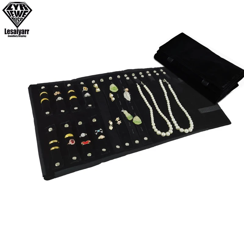 Portable Travel Jewelry Roll Bag Black Velvet Pendant Necklace Bracelet Storage Case Watch Bangle Ring Earring Organizer
