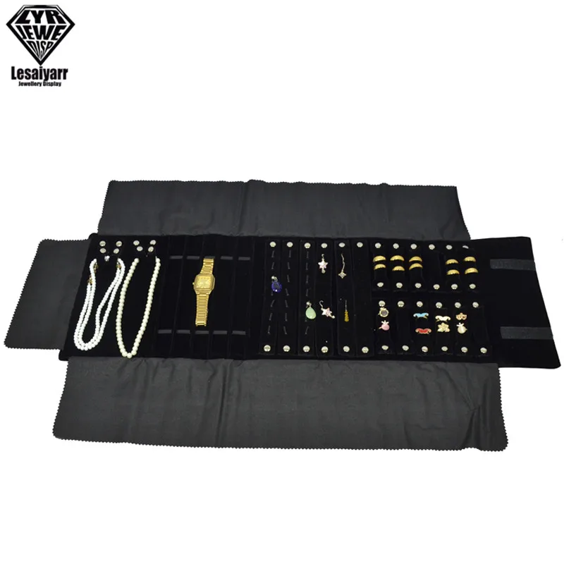 Portable Travel Jewelry Roll Bag Black Velvet Pendant Necklace Bracelet Storage Case Watch Bangle Ring Earring Organizer